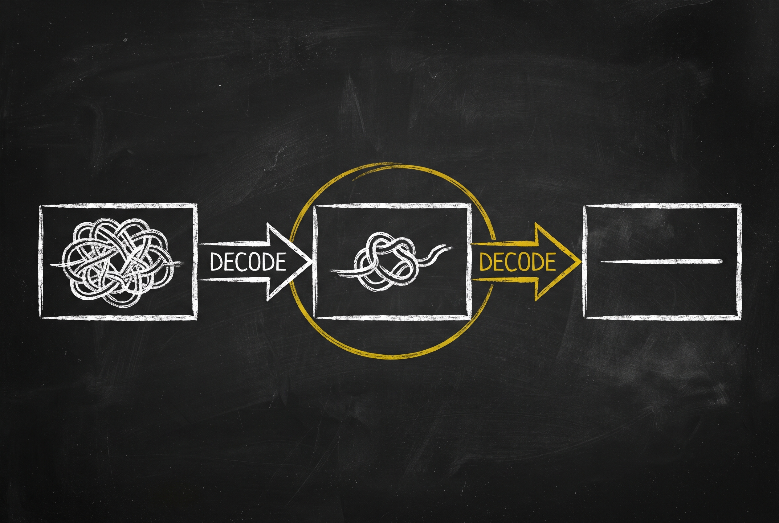 A chalk pipeline: a tangled knot, one DECODE pass leaving a still-knotted value circled in gold, a second DECODE pass reaching a clean line