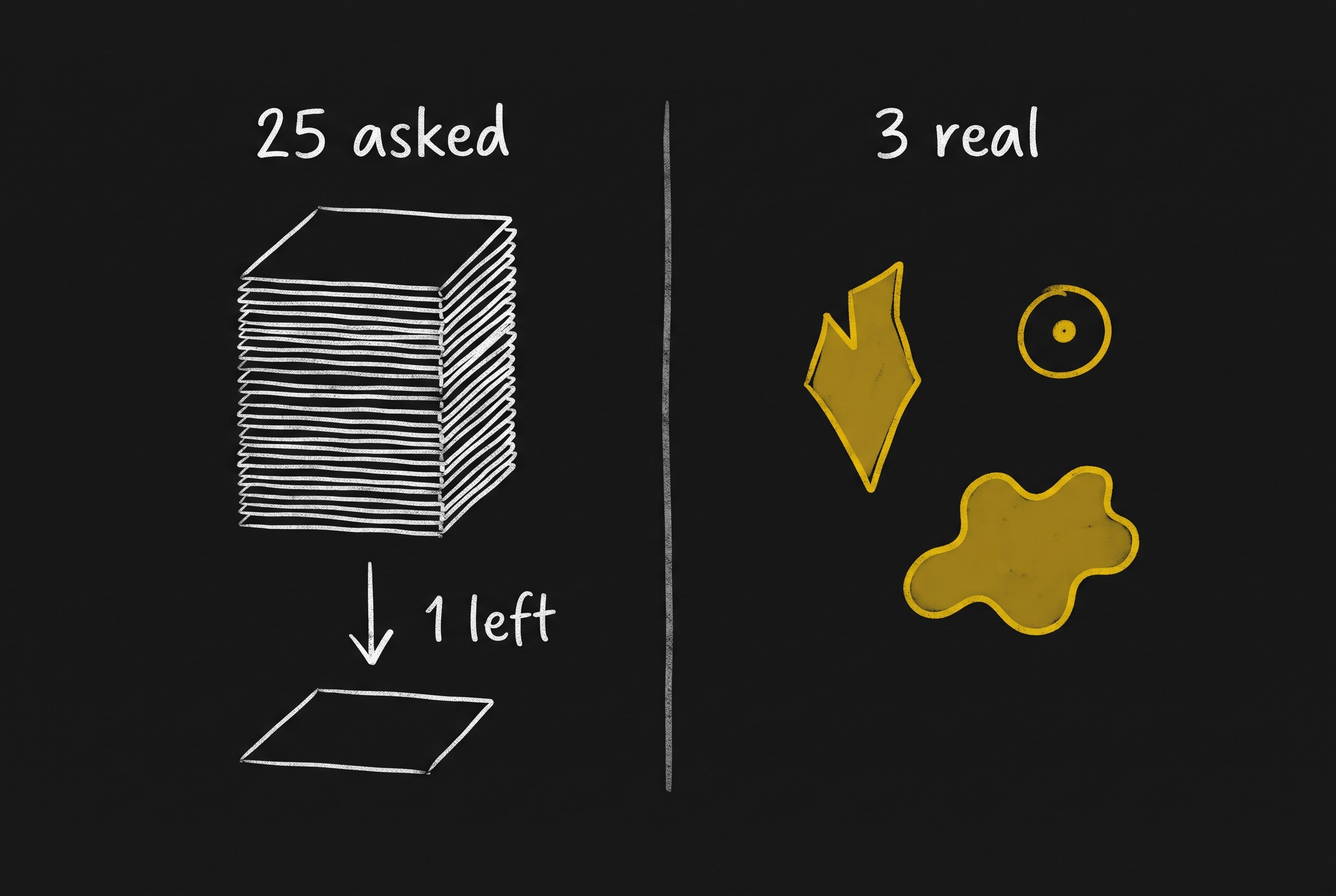A chalkboard sketch contrasting a tall stack of identical cards labelled 25 asked collapsing down to a single card labelled 1 left, against three visibly different gold shapes labelled 3 real.