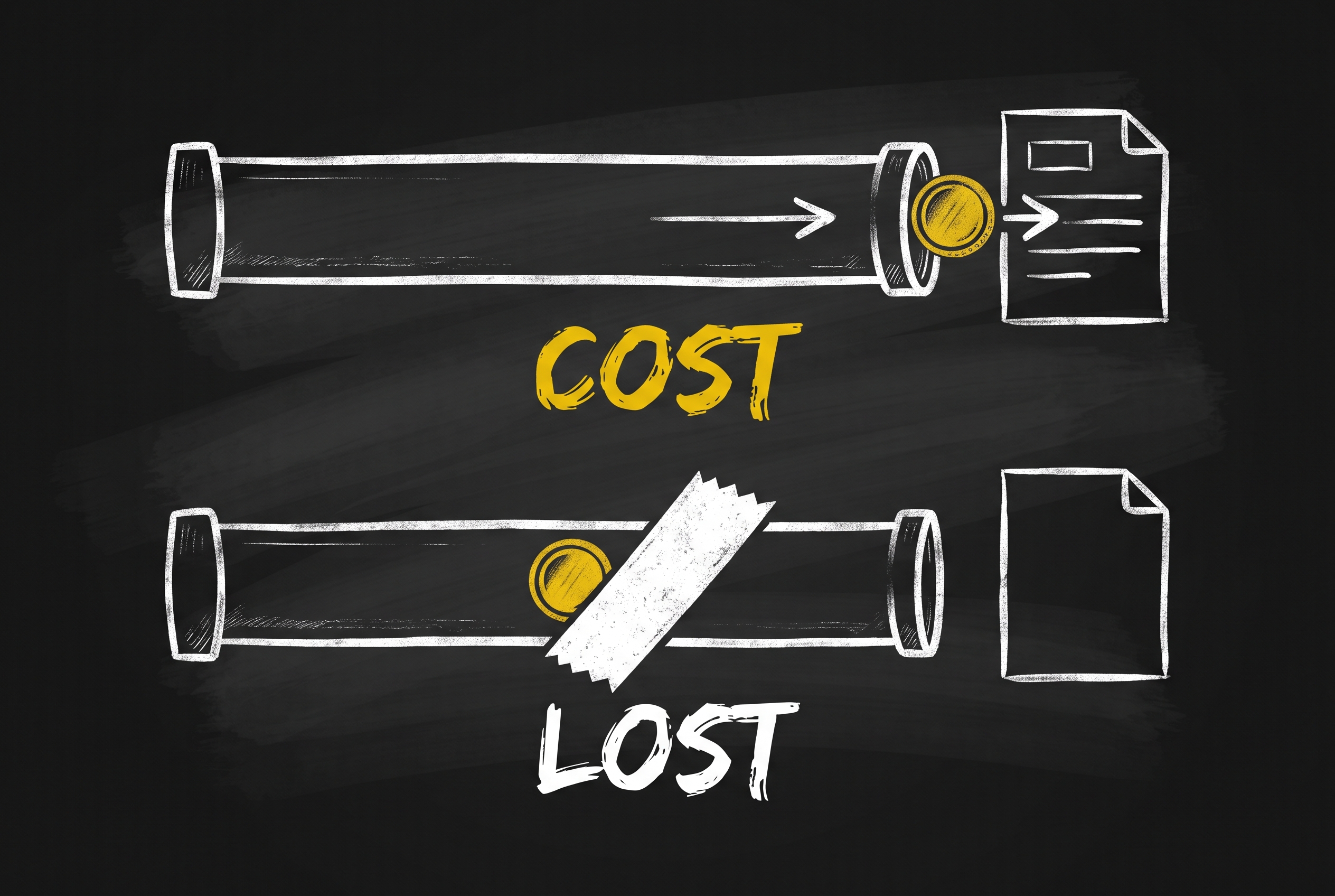 Two chalk lanes: a gold coin flowing through an open pipe into a filled report stamped COST, and the same pipe blocked by a sticker leaving an empty report stamped LOST