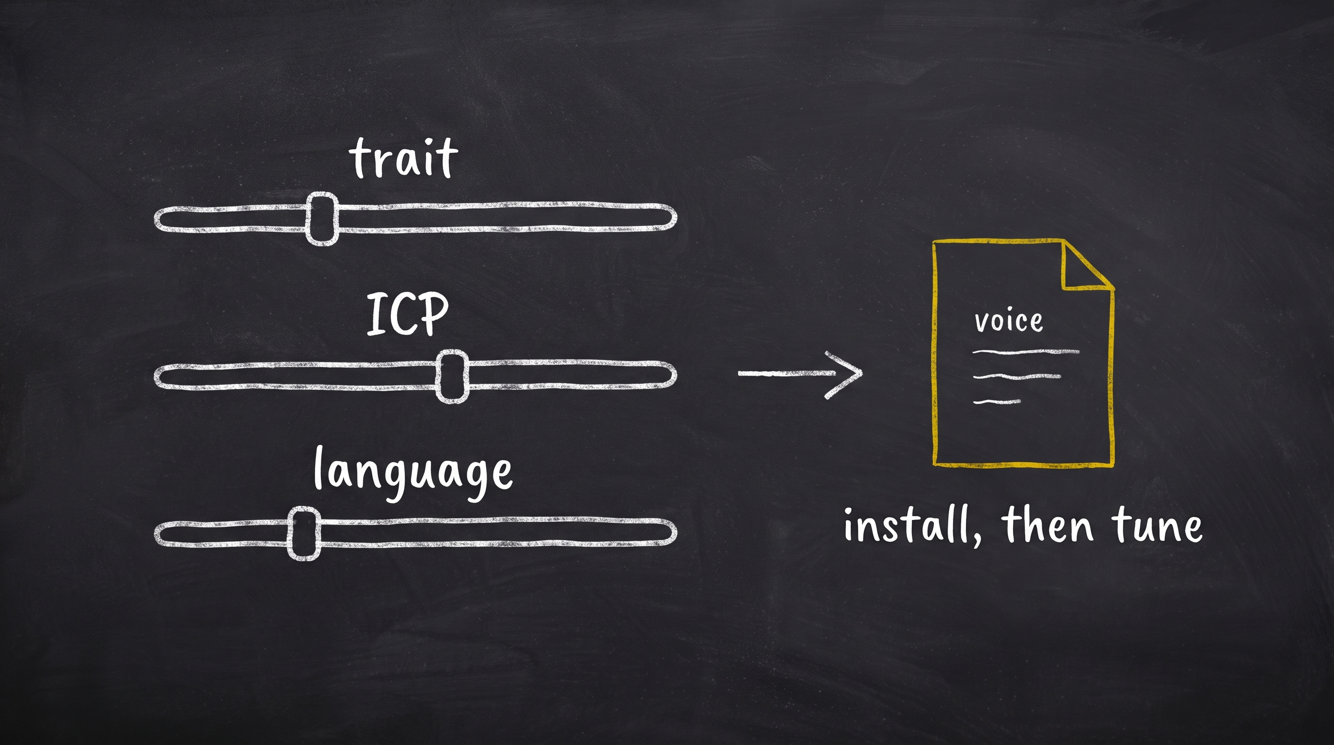 Three chalk sliders labelled trait, ICP and language feeding one gold-outlined voice document, captioned install, then tune