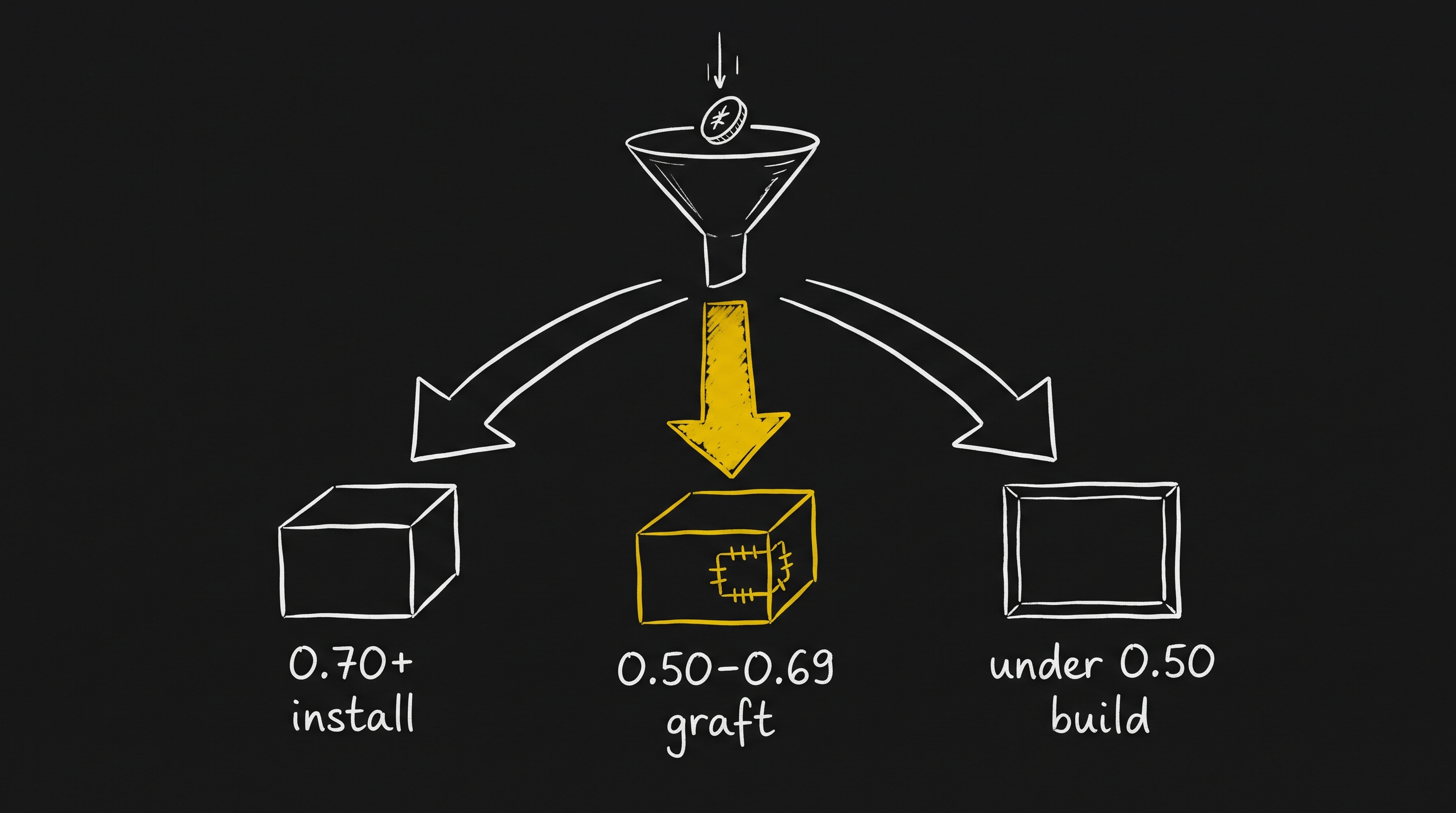 A score falling through a chalk funnel into three chutes: 0.70+ install, 0.50-0.69 graft in gold, under 0.50 build