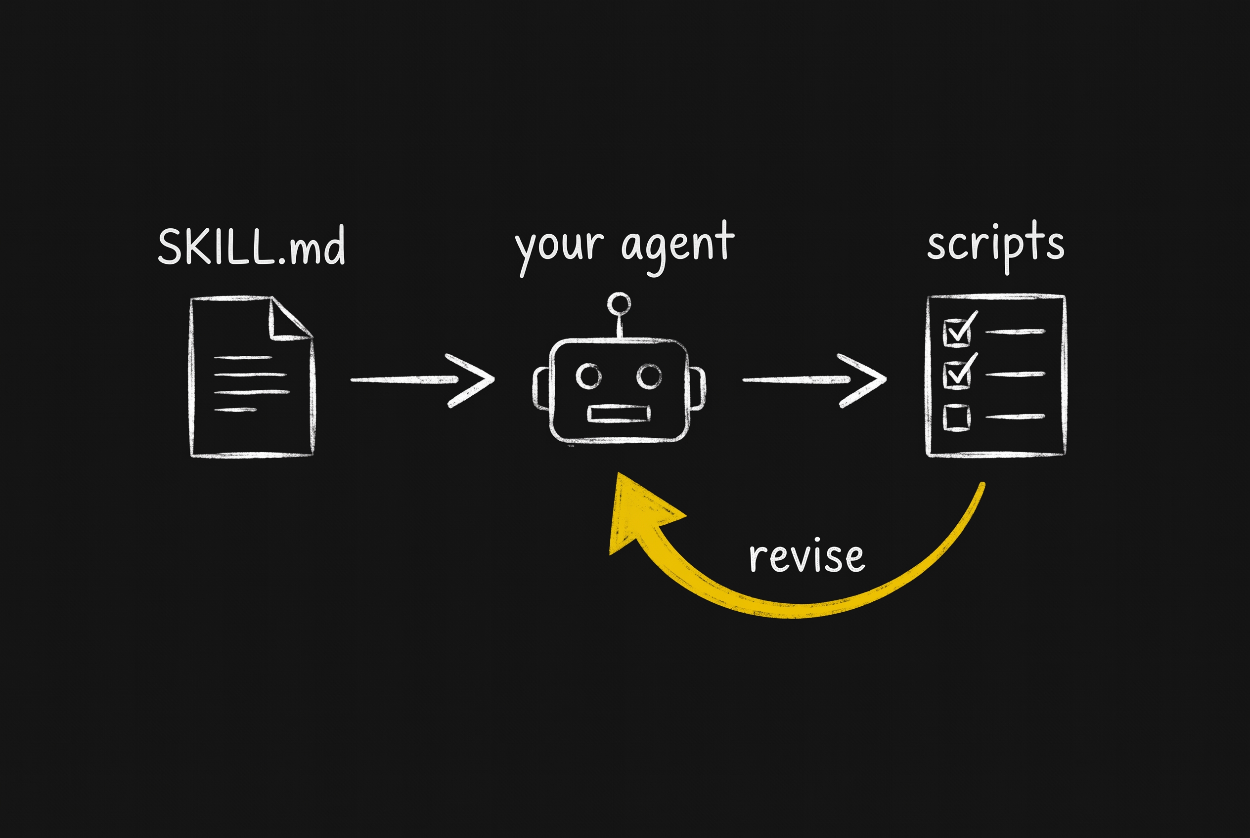SKILL.md feeding your agent, your agent feeding the scripts, and a gold revise arrow looping back