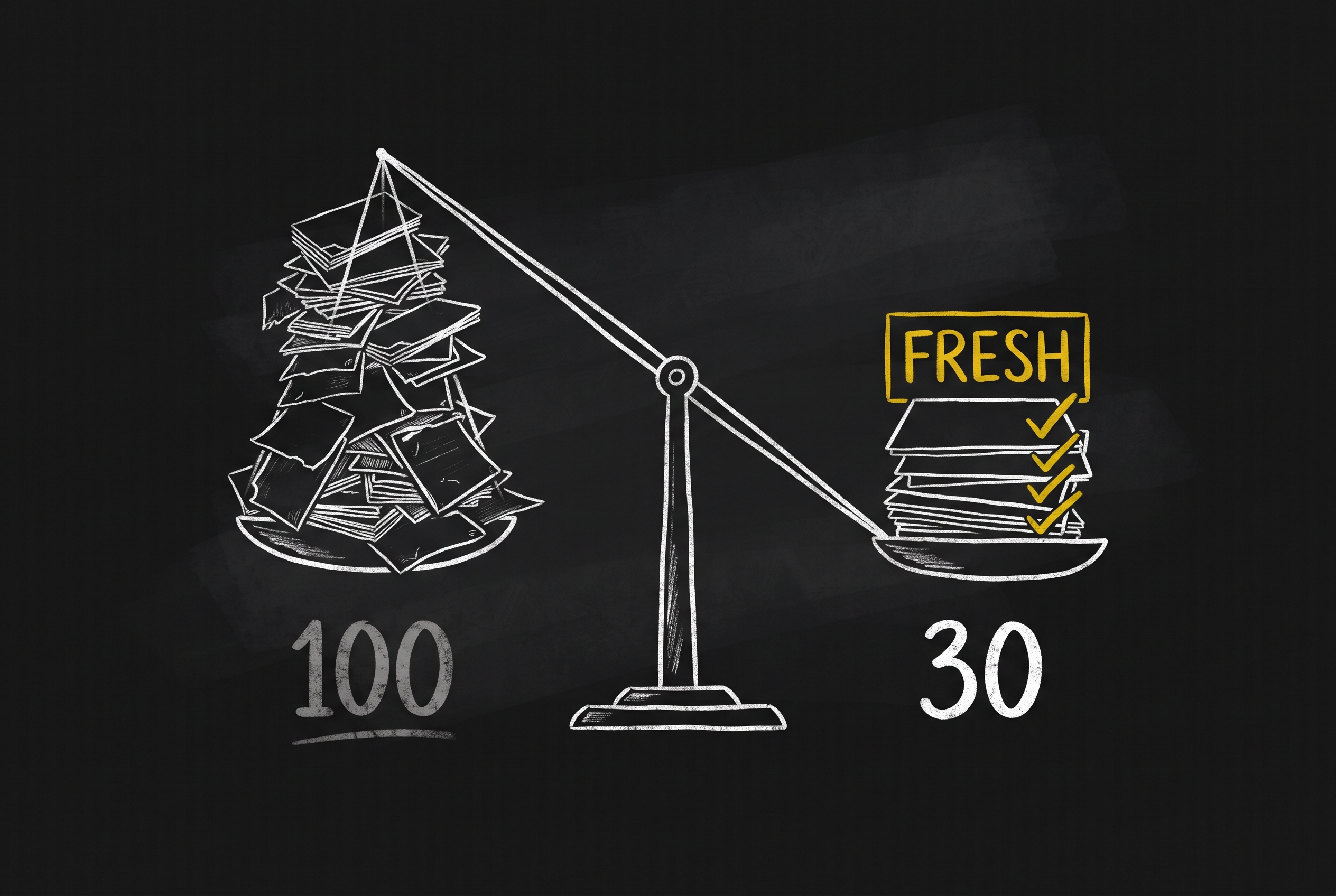 A chalk balance scale: a tall crumbling pile of 100 abandoned listings on the left outweighed by a short neat stack of 30 gold-checked FRESH ones on the right.