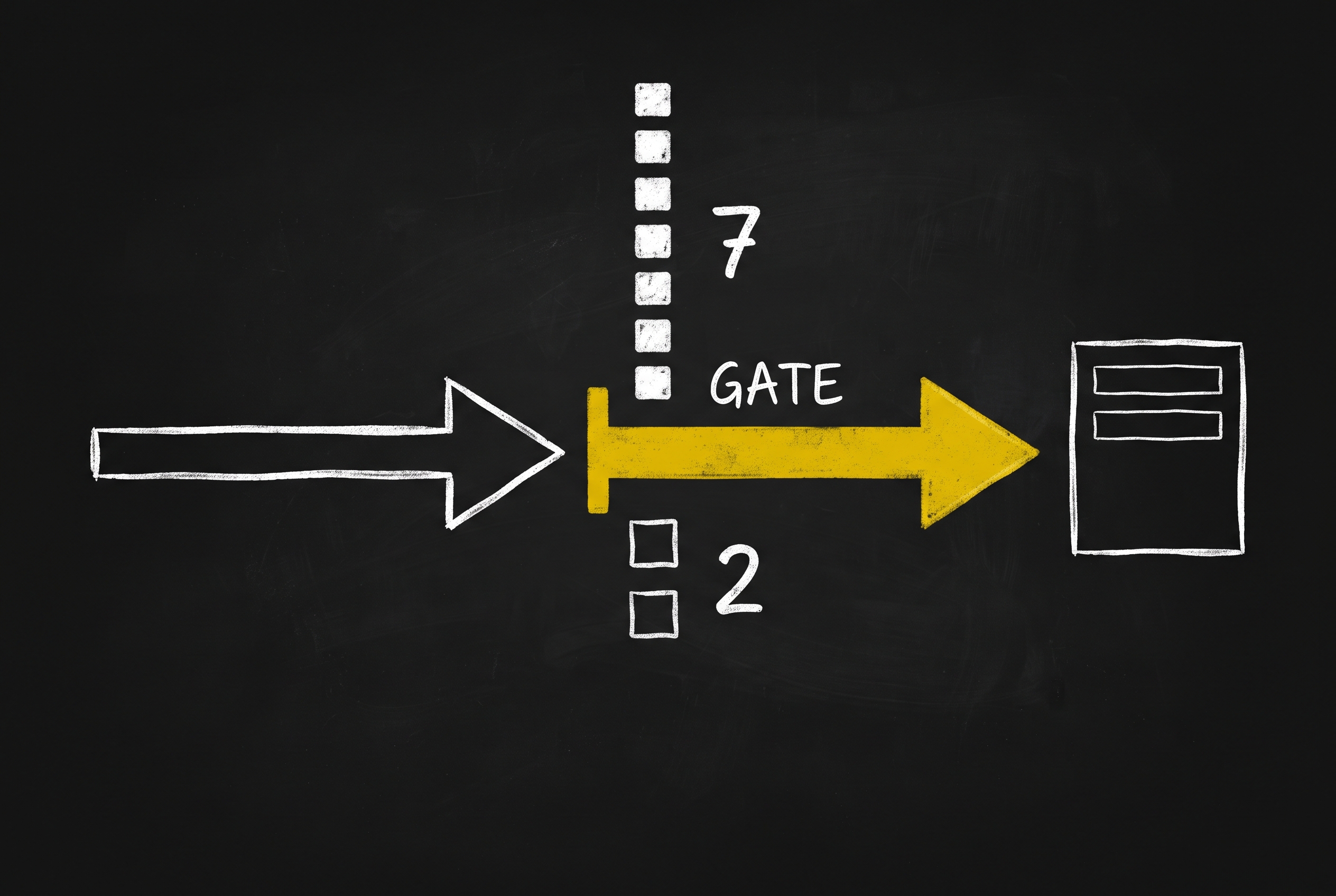 A white chalk arrow stopping at a heavy gold GATE bar, with seven filled squares marked 7 above it and two hollow squares marked 2 below, before a gold arrow continues to a submission form.