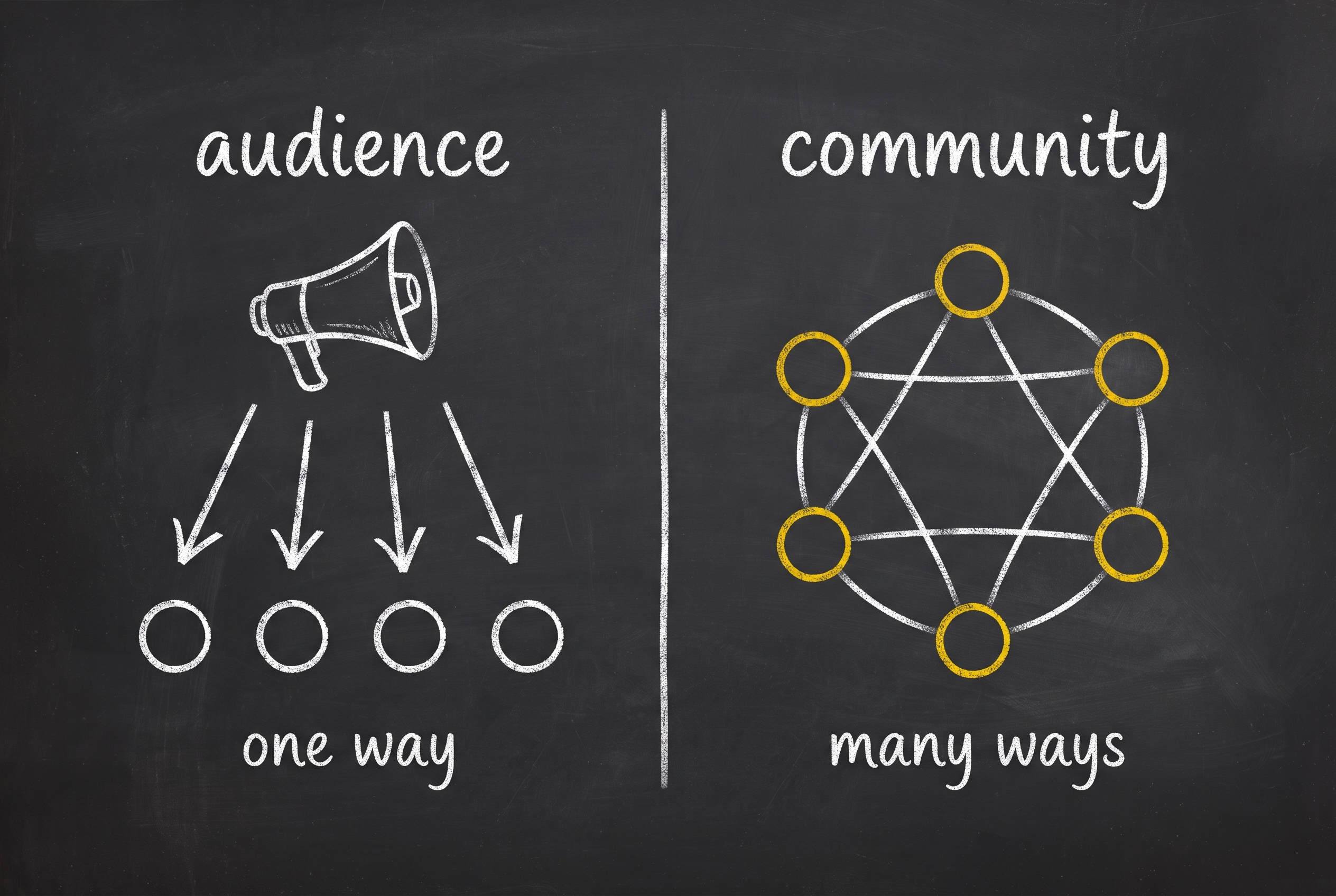 An audience is one-way reach from a megaphone to unconnected dots. A community is members connected to each other in every direction.