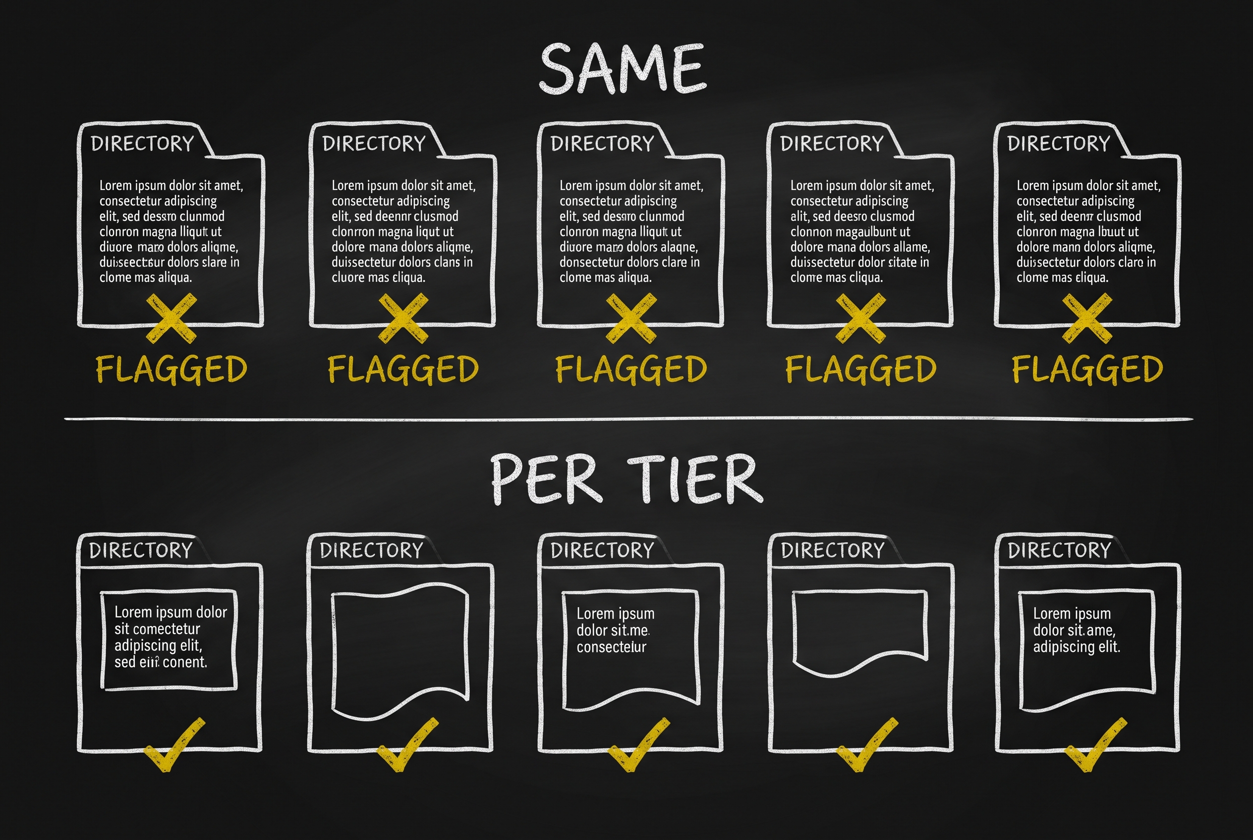 Two rows on a chalkboard: SAME shows one identical description cloned into five directories, each stamped FLAGGED in gold; PER TIER shows five directories each holding a different description, each with a gold check.