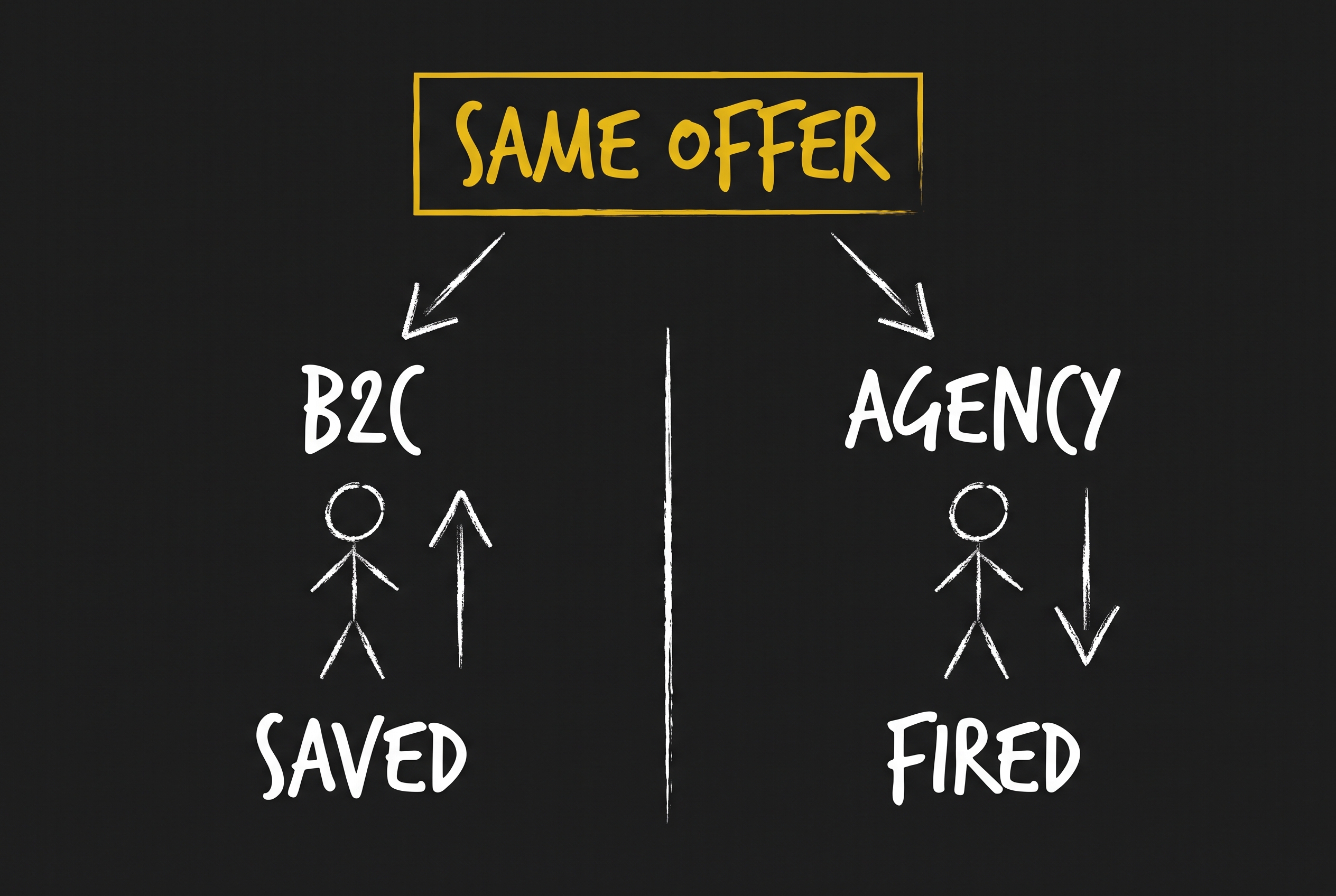 The same save offer produces opposite outcomes: a B2C buyer is saved, an agency client fires you.