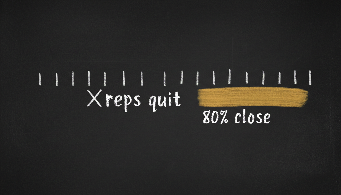 A chalk track of touch marks: a cross at "reps quit" early, a gold band over the later touches labelled "80% close"