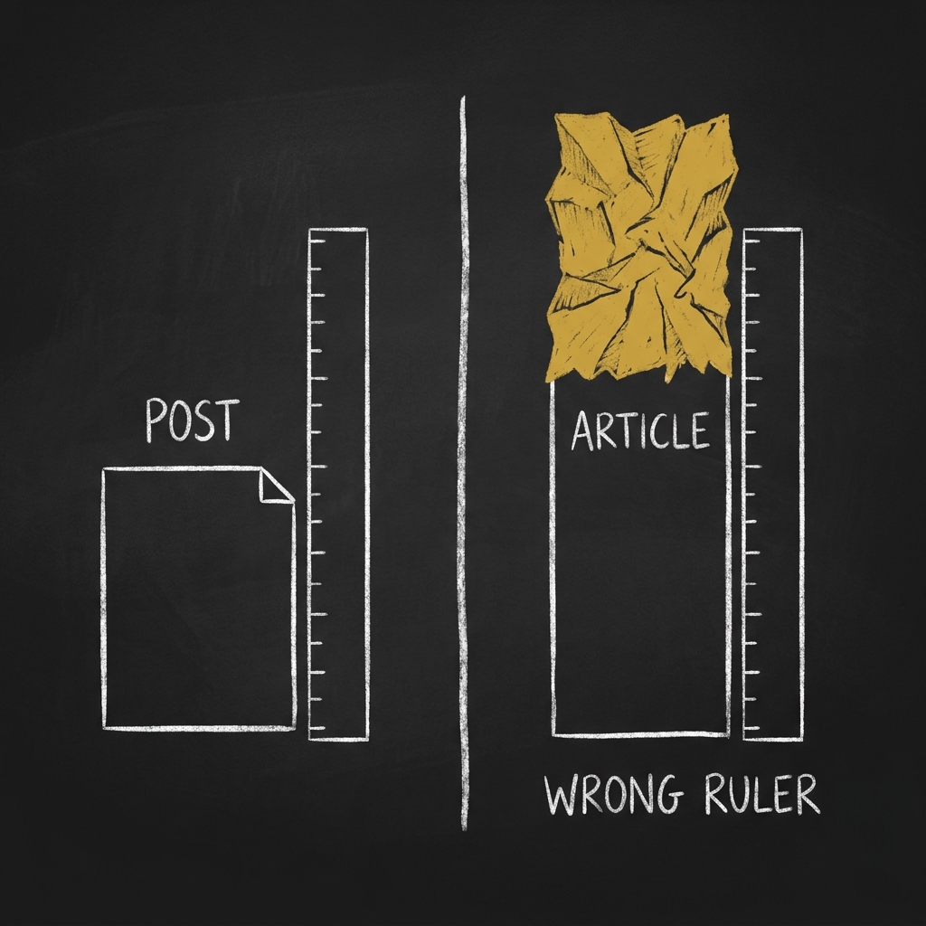 Chalkboard sketch: one ruler used twice. On the left a short page labelled POST lies flat against it, whole. On the right the same ruler runs out partway up a tall page labelled ARTICLE, and everything above the ruler has been crumpled gold to make it fit. Hand-lettered label: WRONG RULER.