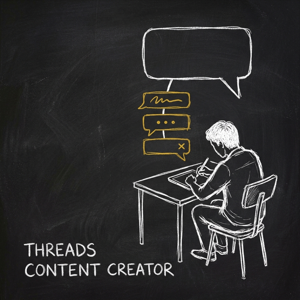Chalkboard sketch: a figure seated at a desk writes a post, with three gold reply prompts stacked beneath it on a single line. Hand-lettered label: THREADS CONTENT CREATOR.