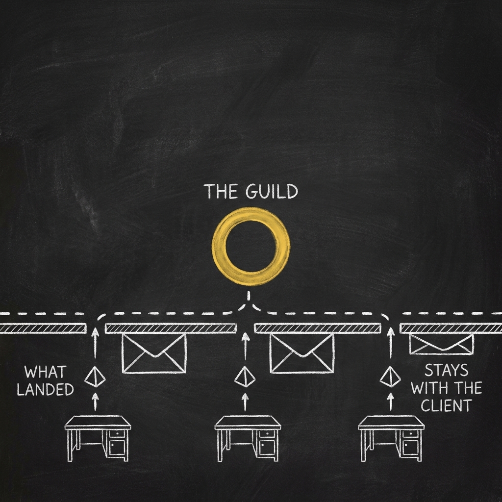 Chalkboard diagram: three desks below a dashed membrane. A small token from each desk passes up through a gap and merges into one gold ring labelled THE GUILD, while a larger sealed envelope from each desk stops flat against the underside of the membrane.