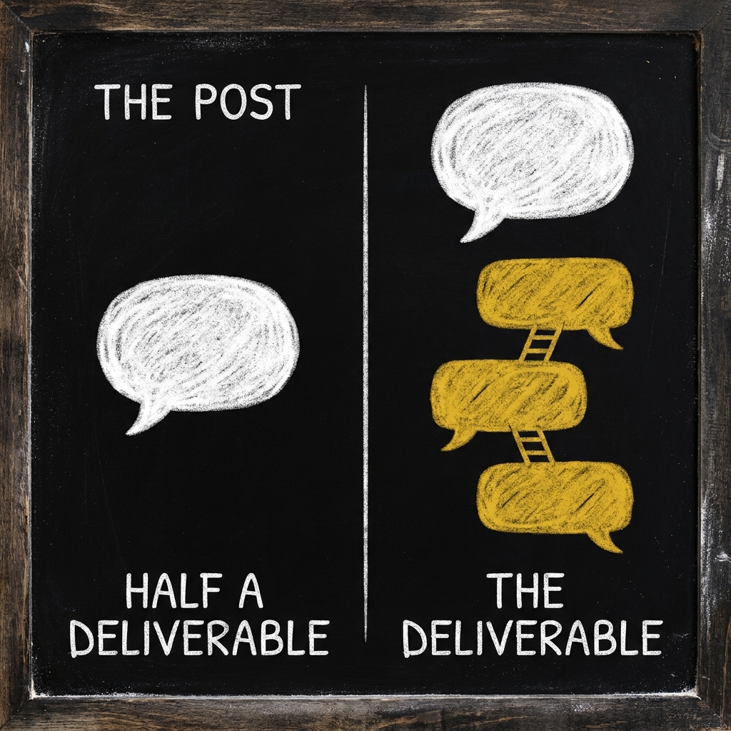 Chalkboard diagram: on the left a lone speech bubble labelled half a deliverable, on the right the same bubble with three gold reply bubbles beneath it, labelled the deliverable.