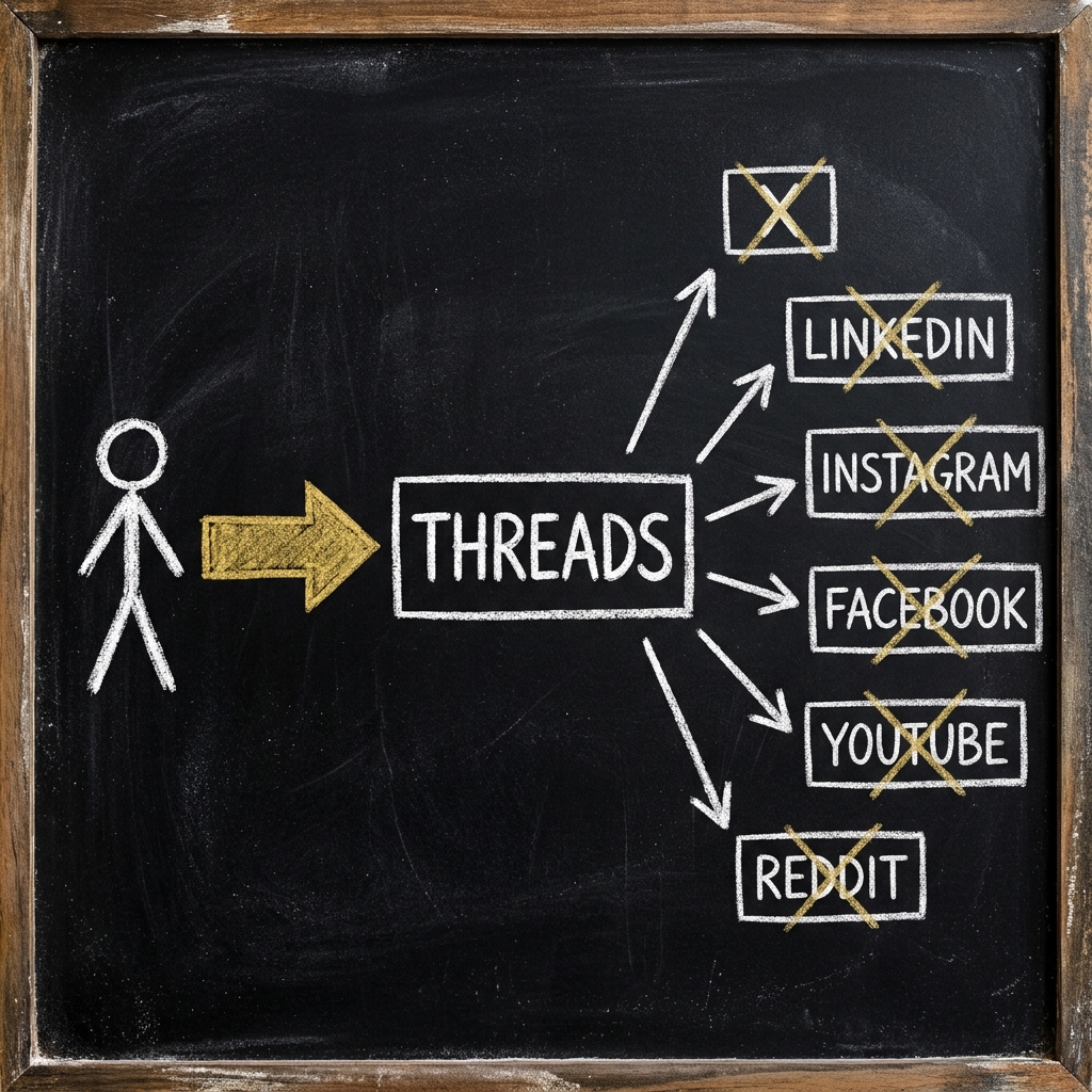 Chalkboard diagram: one gold arrow into a box marked Threads, and six white arrows crossed out, going to boxes marked X, LinkedIn, Instagram, Facebook, YouTube and Reddit.