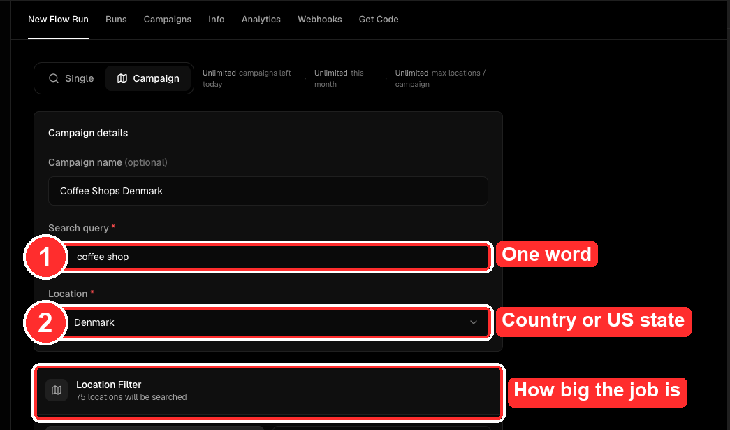 The campaign form with a one-word search query and a country selected