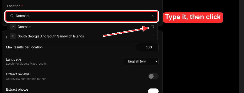 The location picker filtered to a single country, showing the town count beside it