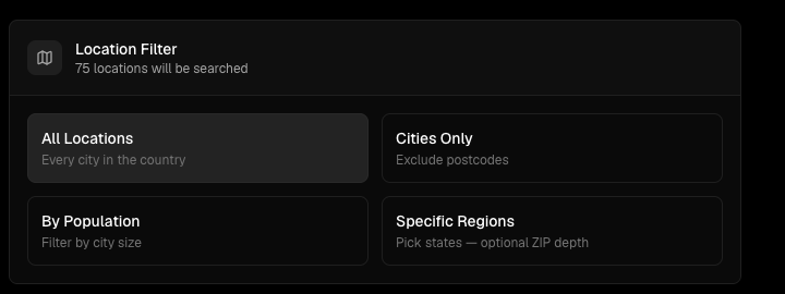 The location filter offering all locations, cities only, by population, or specific regions