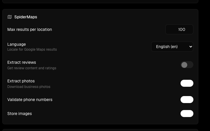 Google Maps options including results per location, language, reviews, photos, phone validation and image storage