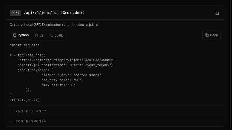 The generated code for launching a campaign, with Python, JavaScript and cURL tabs