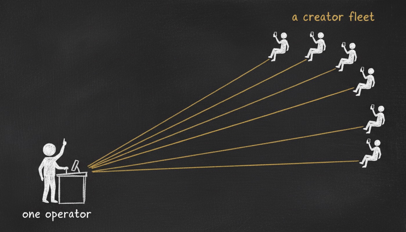 Chalk sketch: one operator at a desk with six gold lines fanning out to a fleet of small creators holding phones