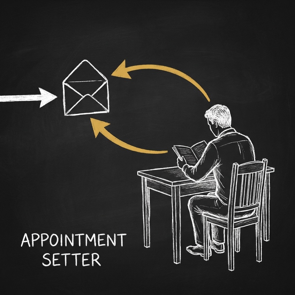 Chalkboard sketch: a figure seated at a desk reads one incoming letter, and a single gold arrow loops their reply back to that same letter. Hand-lettered label: APPOINTMENT SETTER.