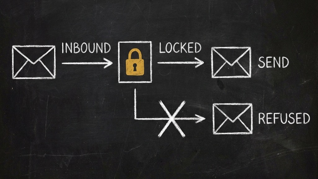 One inbound envelope, its sender copied into a locked box, one permitted reply back to the same address, and a second branch to a different address struck through and refused.