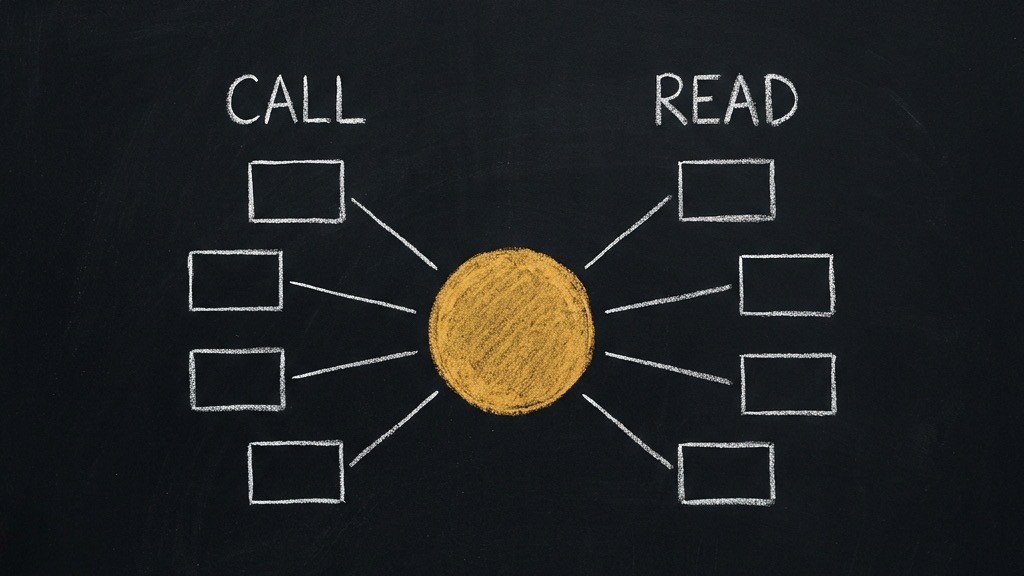 Chalkboard diagram: a gold circle at the centre with eight empty boxes tethered around it, four grouped under CALL and four under READ.