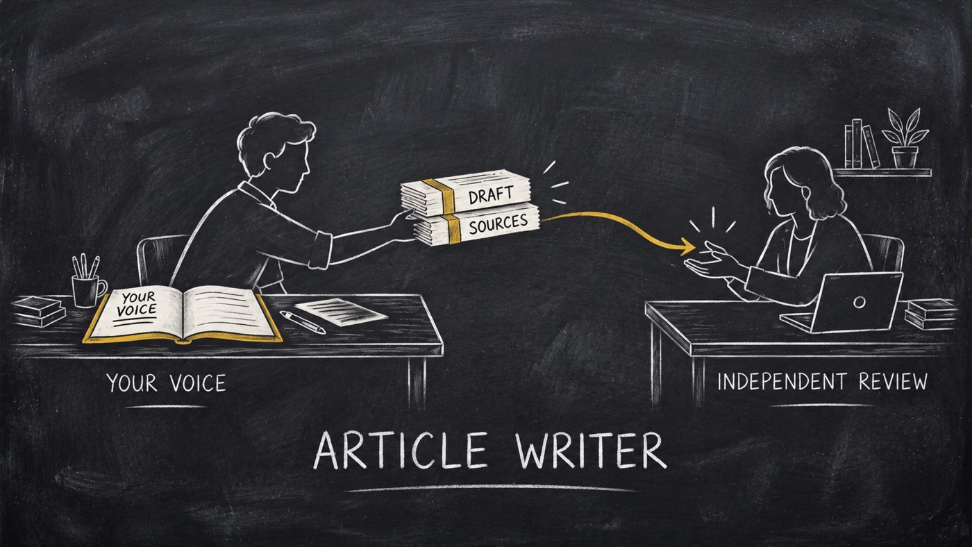 A chalk writer passes a draft and sources from a desk with a voice notebook to a separate review desk.