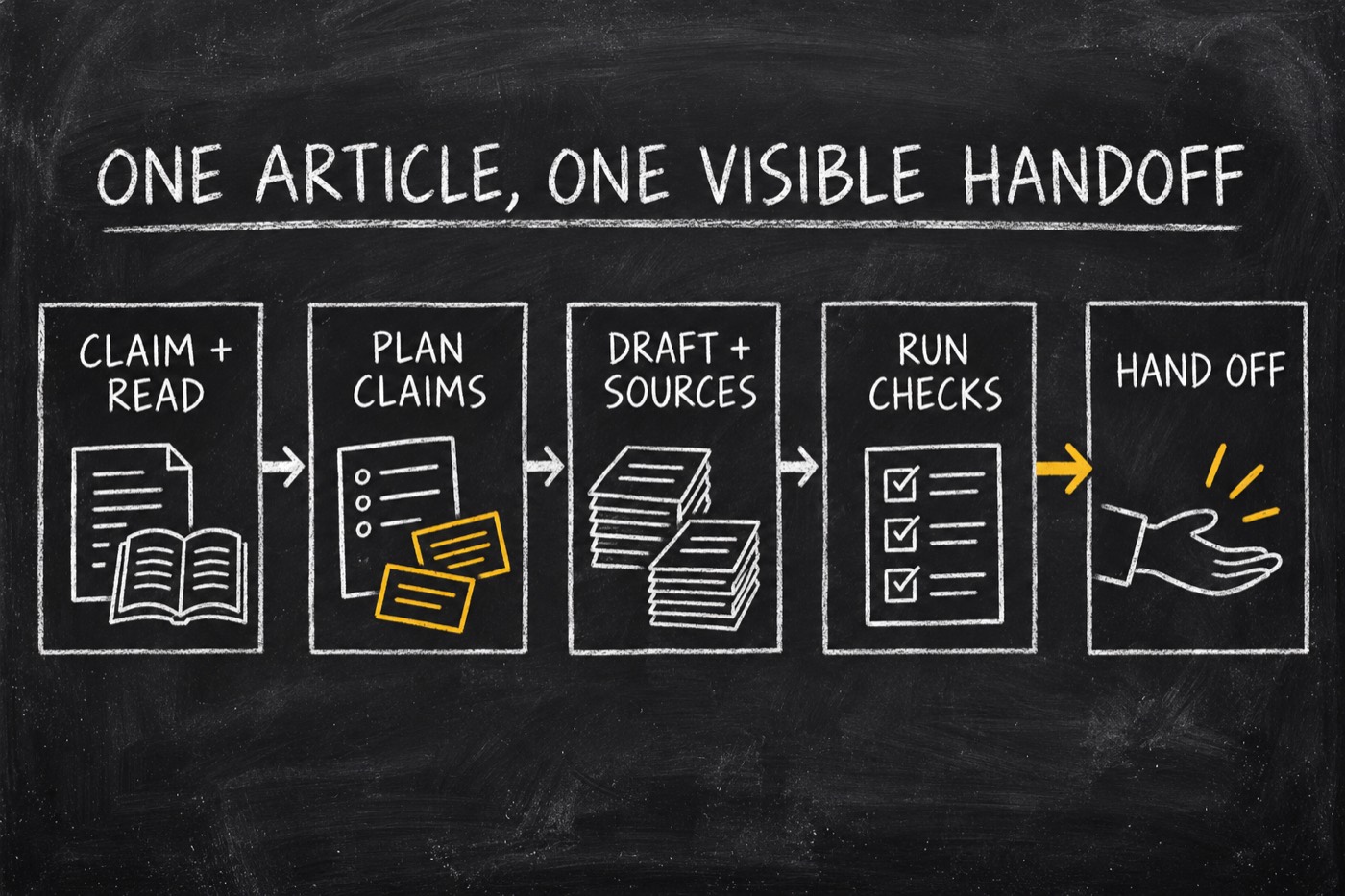 Five stages: claim and read, plan claims, draft with sources, run checks, and hand off.