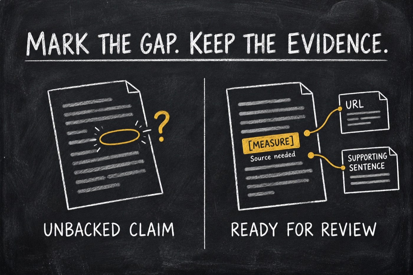 An unbacked claim becomes a draft with a MEASURE marker and linked source evidence, ready for independent review.