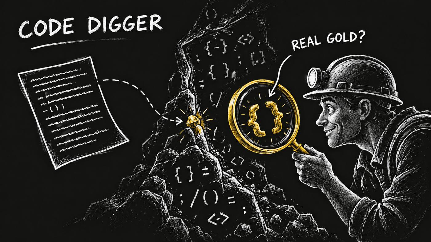 A code digger checks a gold code nugget against a manuscript, without changing the rock face.