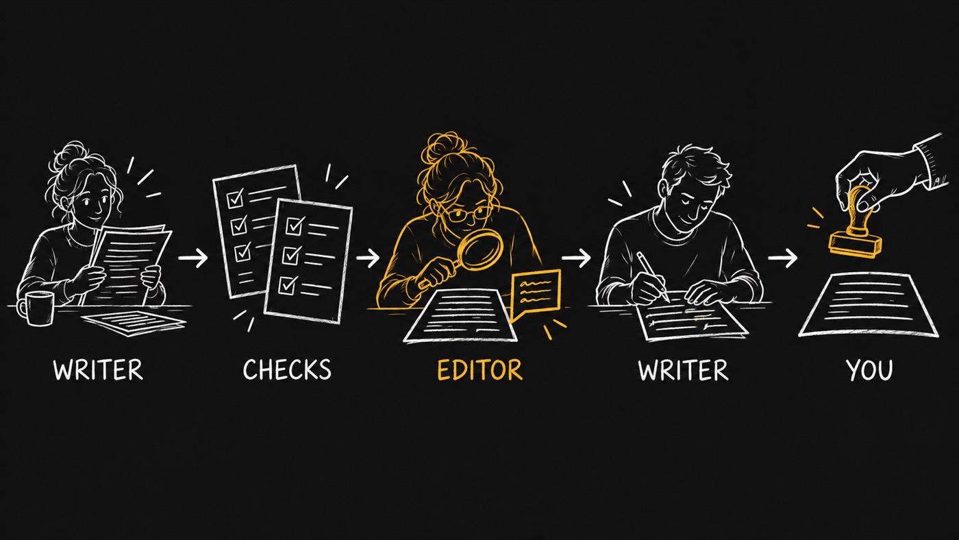 Writer, passed checks, editor, writer revision, then human approval.