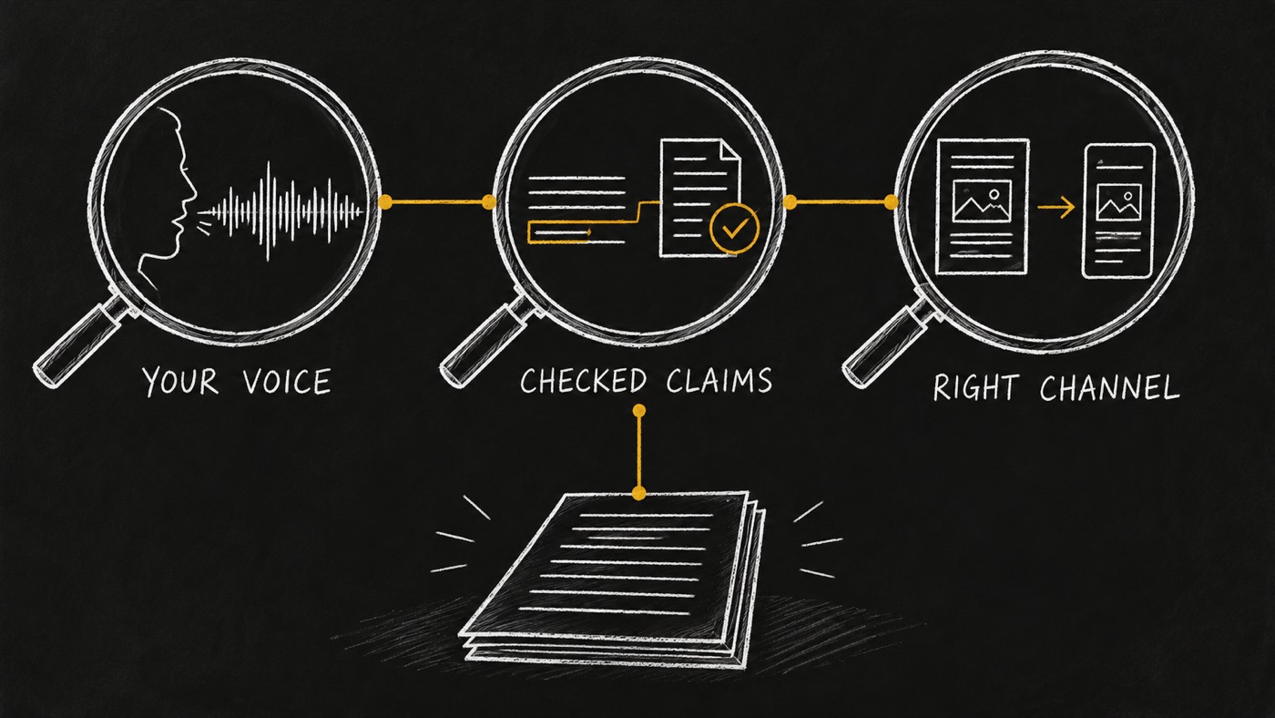 Three chalk lenses review your voice, checked claims and the right channel.