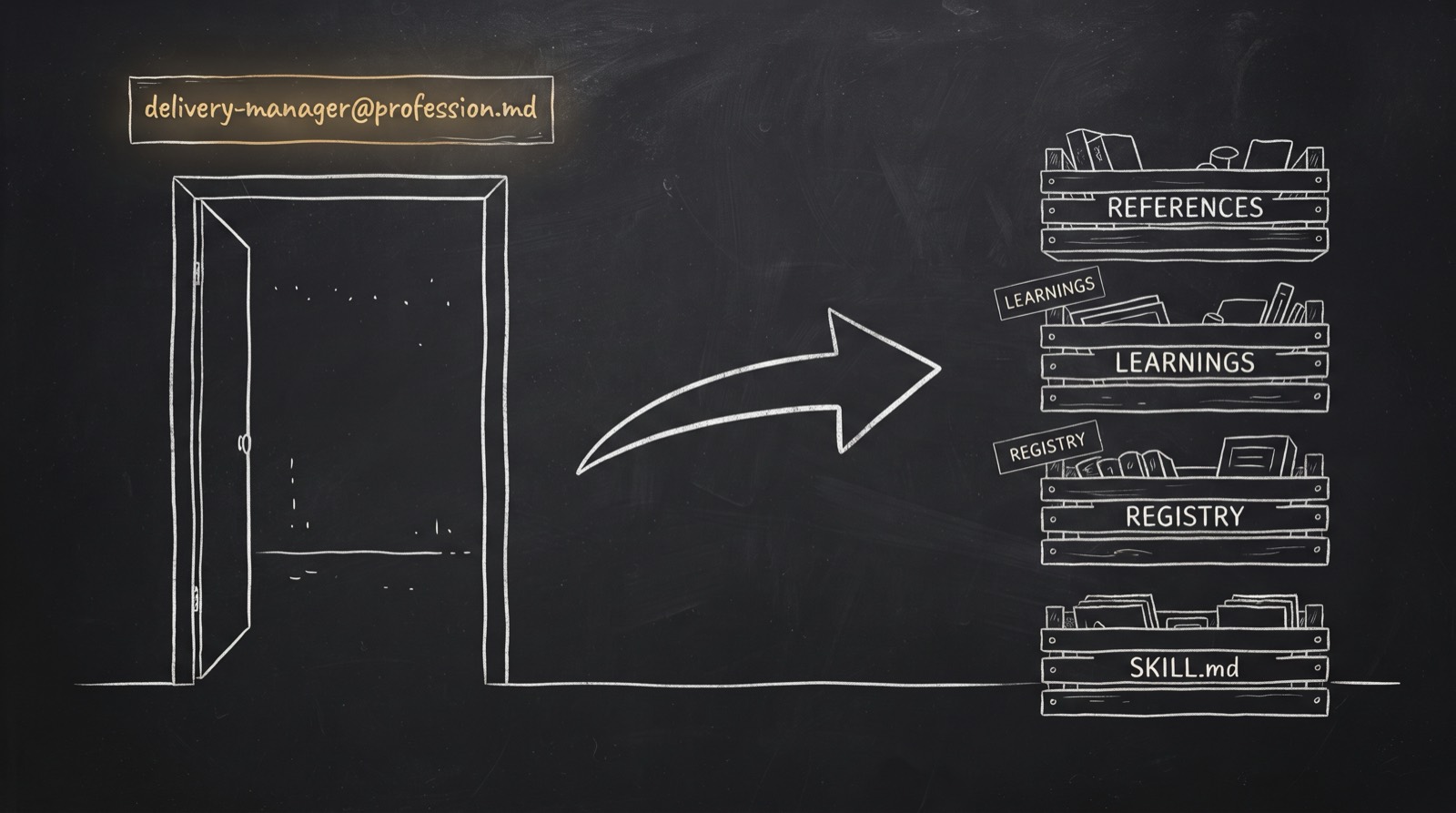 Chalkboard sketch: an open doorway into an empty room on the left, an arrow sweeping right into the same room now filled with four labelled crates — References, Learnings, Registry and SKILL.md — beneath a gold sign reading delivery-manager@profession.md