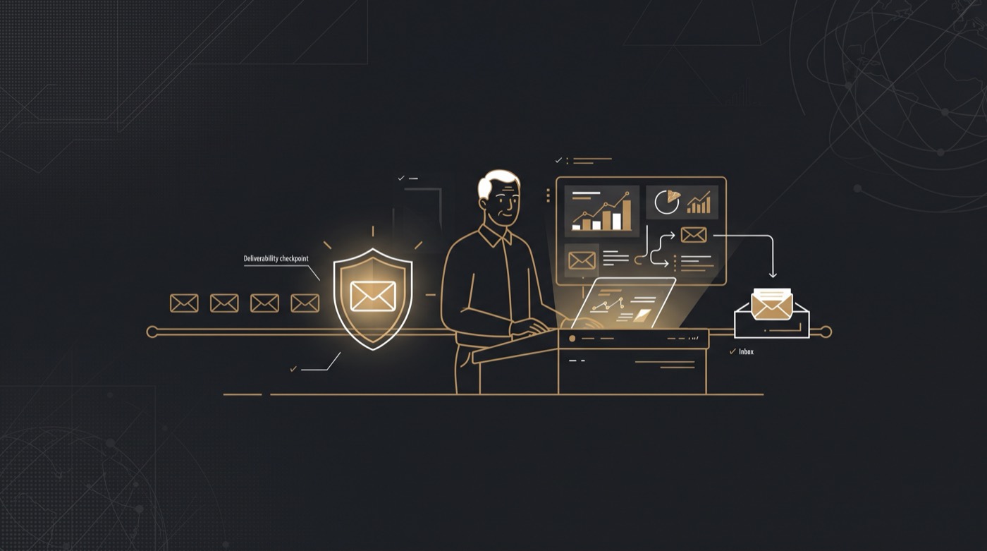 An email marketing specialist at a dark console watching a gold deliverability checkpoint on the send rail before a campaign goes out