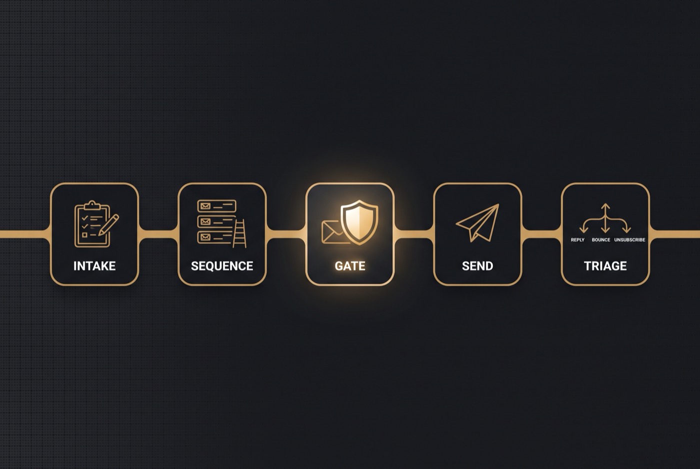 The email-outreach SMEAC workflow: client-intake to cold-sequence to the deliverability gate to send to reply-triage