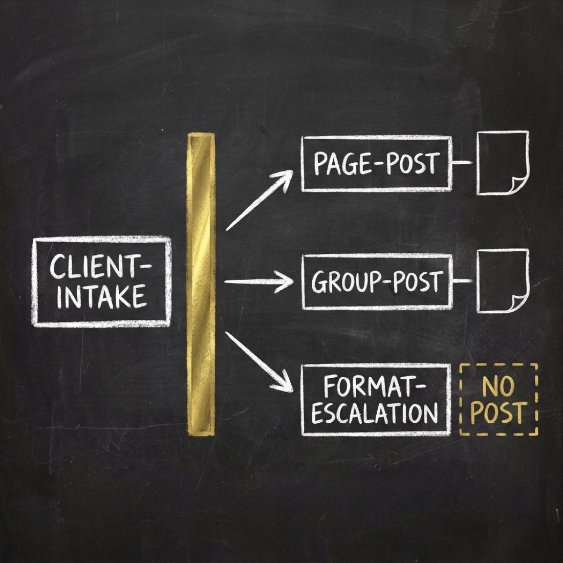 Chalkboard flow: a CLIENT-INTAKE box behind a thick gold blocking bar, branching to PAGE-POST and GROUP-POST which each end in a sheet of paper, and FORMAT-ESCALATION which ends in a dashed empty box labelled NO POST.