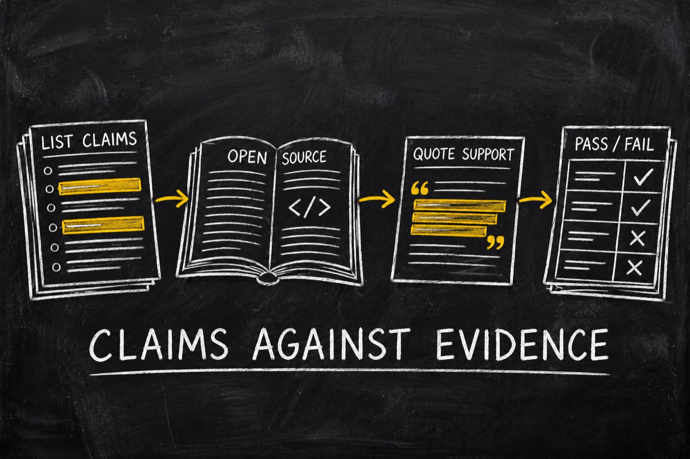 The fact-check loop lists claims, opens sources, quotes support and returns PASS or FAIL.