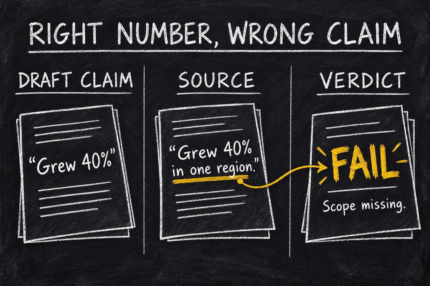 Hypothetical example: Grew 40% drops the source qualifier in one region, so the whole claim fails.