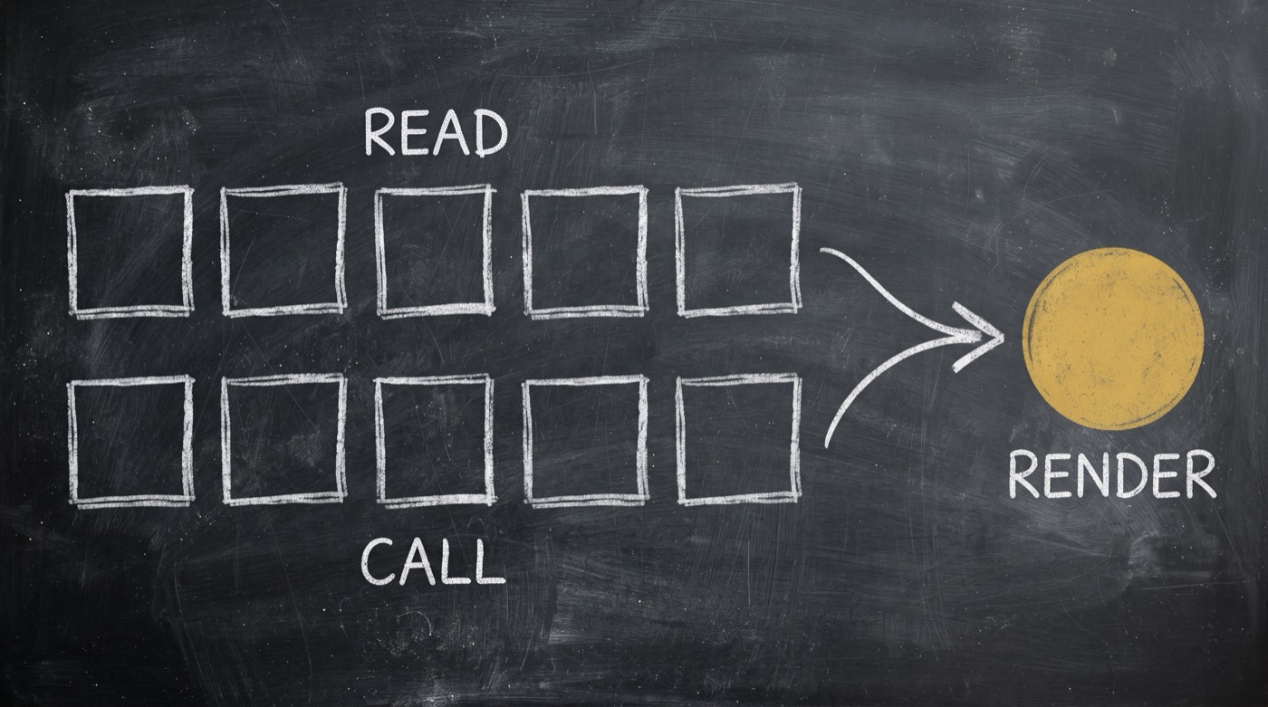 A chalk diagram: rows of empty squares for the skills that are read and called, with one arrow sweeping into a single gold circle marked RENDER