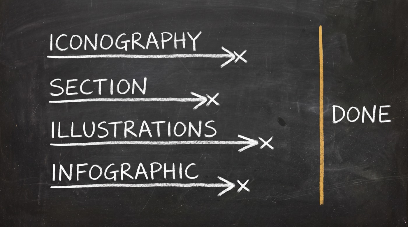 Four chalk arrows labelled ICONOGRAPHY, SECTION, ILLUSTRATIONS and INFOGRAPHIC, each stopping short of a gold line marked DONE