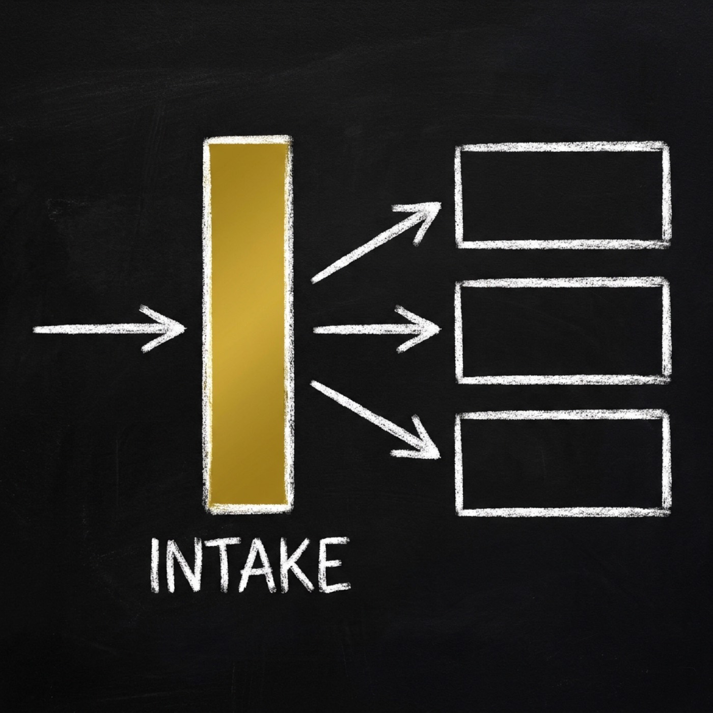A gold gate bar labelled INTAKE blocks the only path to three downstream workflow boxes.