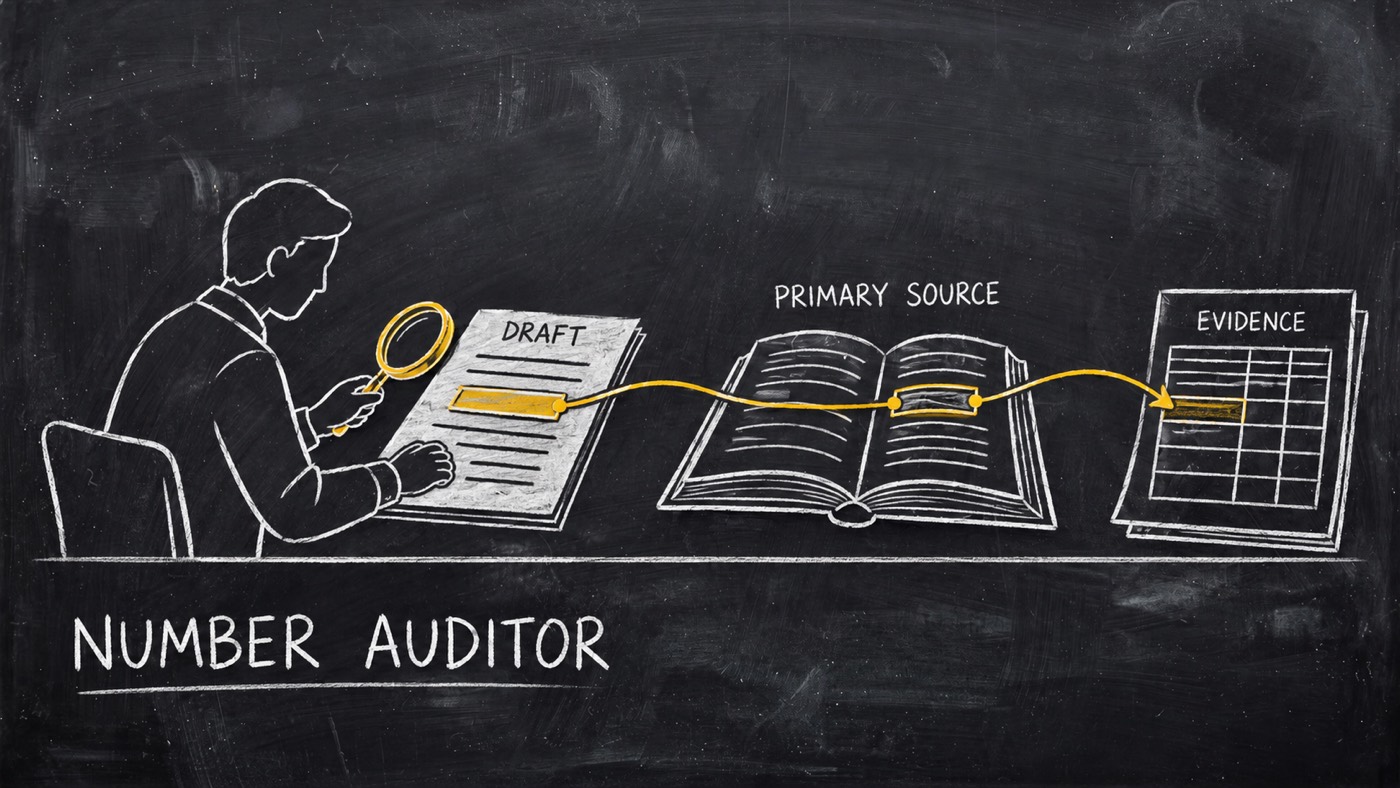 An auditor traces a highlighted draft claim to an opened primary source and a row in an evidence table.