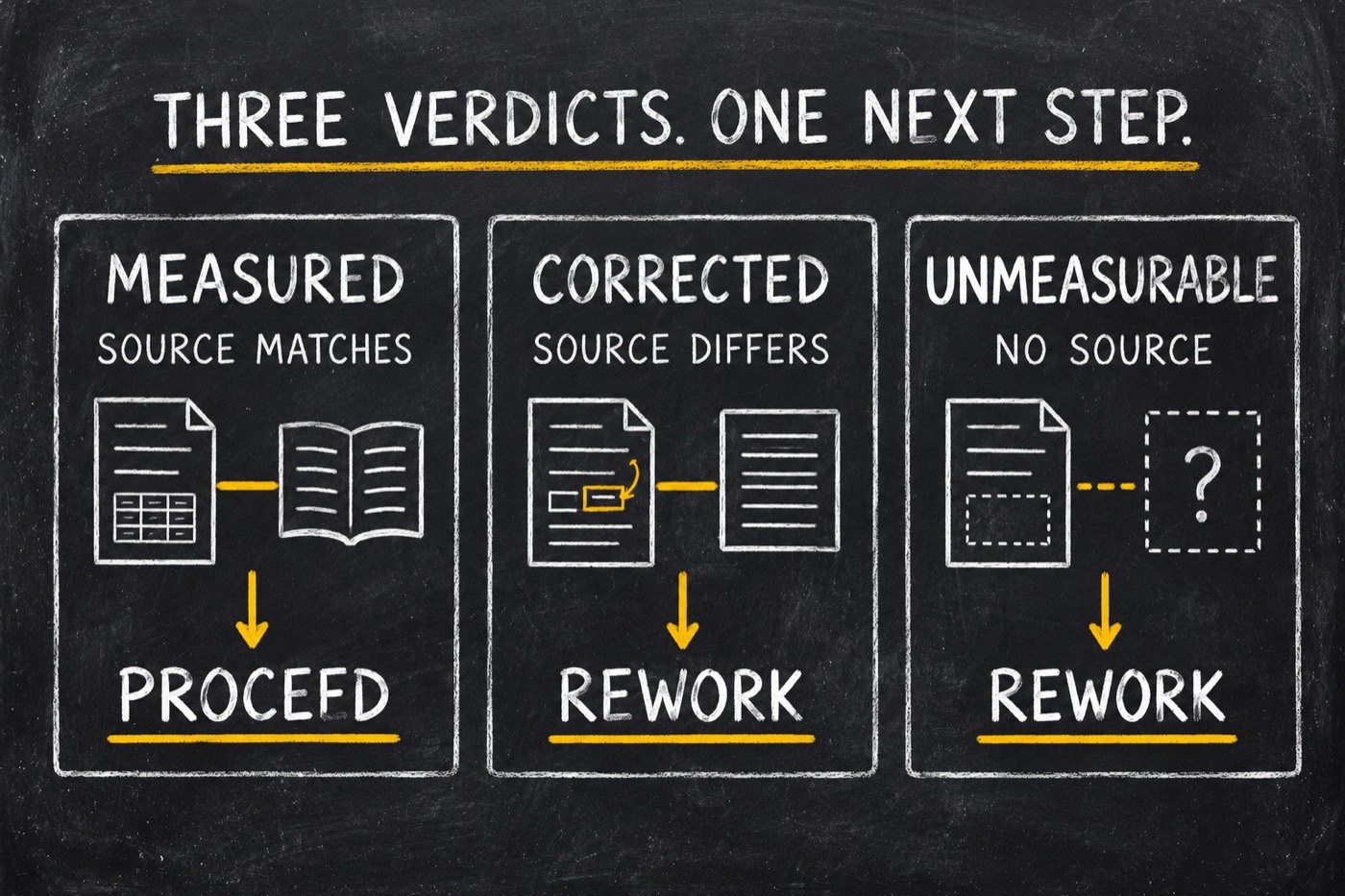Three verdicts: MEASURED when the source matches, CORRECTED when it differs, and UNMEASURABLE when no source holds the claim. The latter two return to rework.