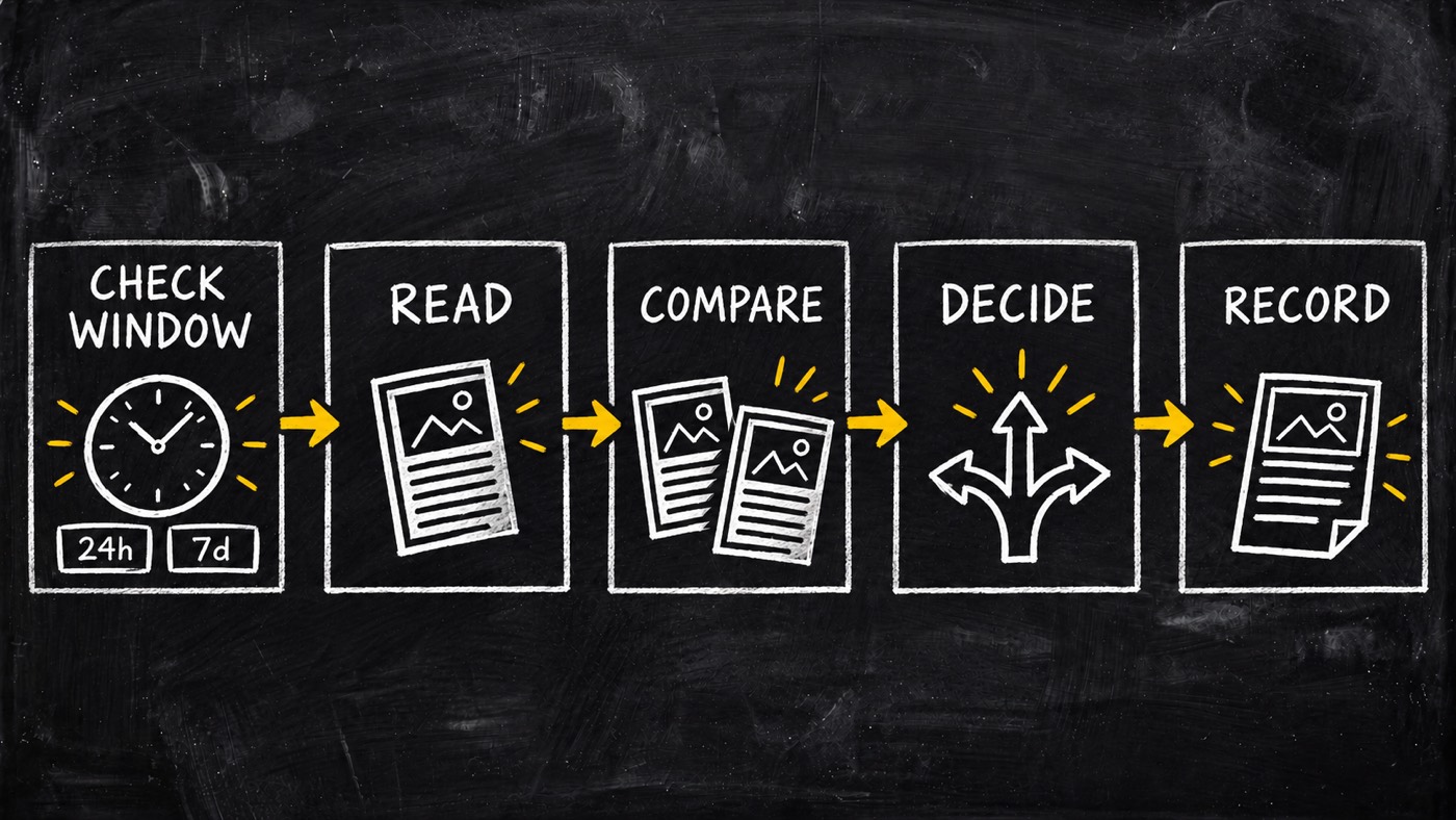 Five steps: check window, read, compare, decide and record; the due windows are 24 hours and 7 days.