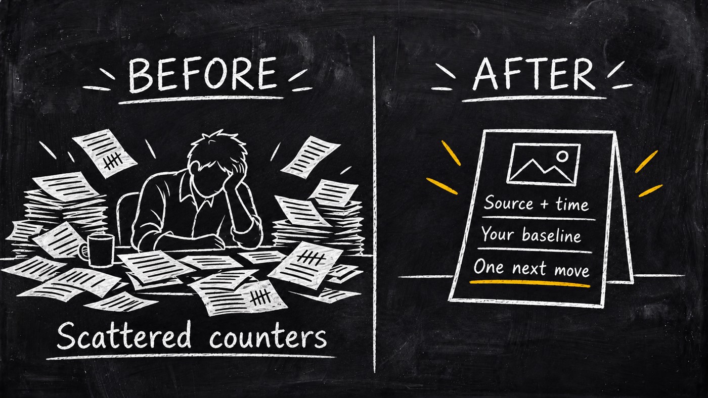 Before: scattered counters. After: a report with source and time, your baseline and one next move.