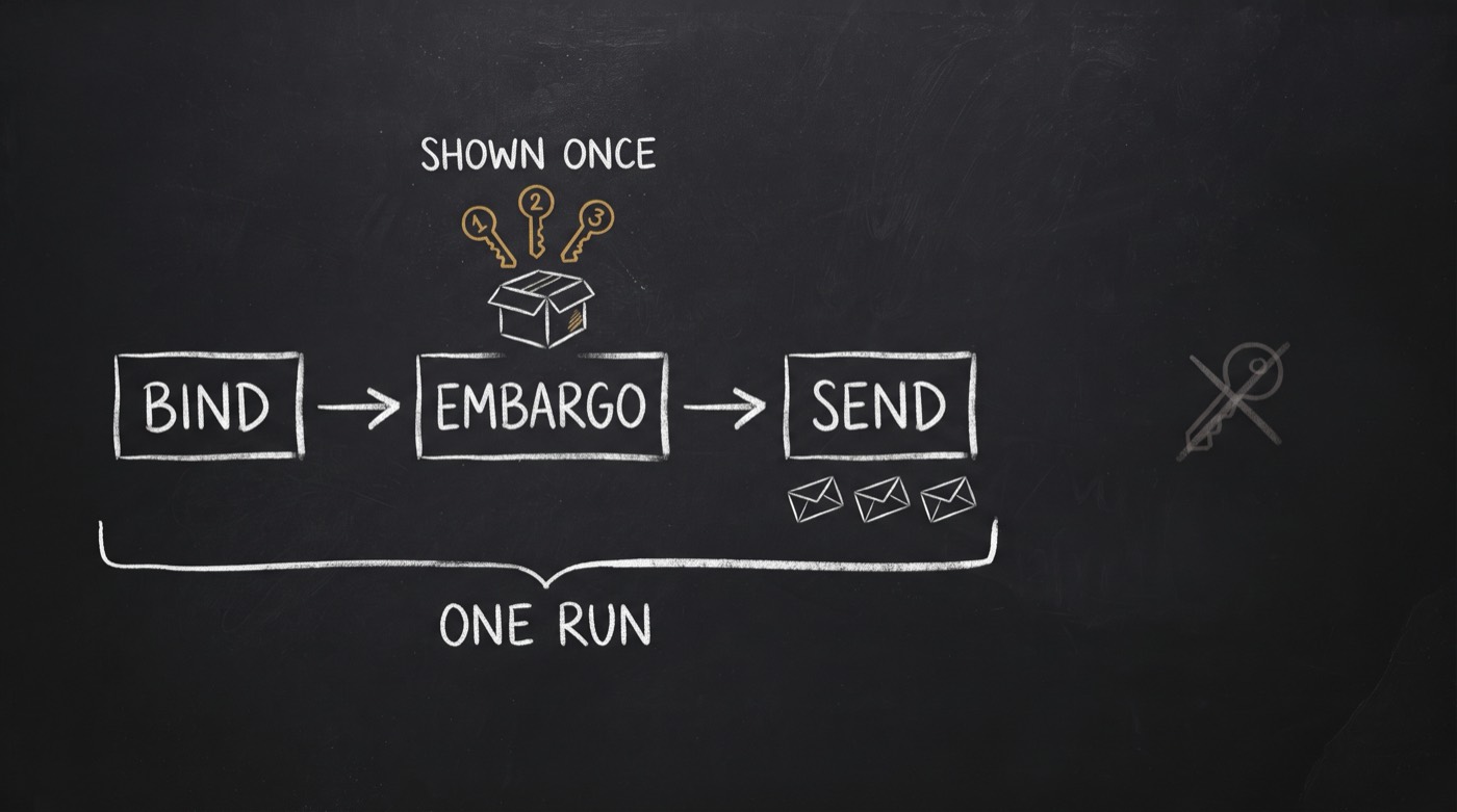A three-station chalk flow — BIND, EMBARGO, SEND — with three gold numbered keys rising from a box marked SHOWN ONCE, all three stations bracketed together under the words ONE RUN, and one crossed-out key discarded to the side
