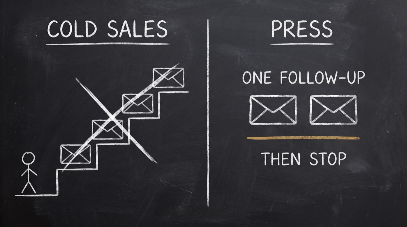 Two halves of a chalkboard: on the left a four-step cold-sales follow-up ladder struck through with a cross, on the right two envelopes labelled ONE FOLLOW-UP above a gold stop line and the words THEN STOP