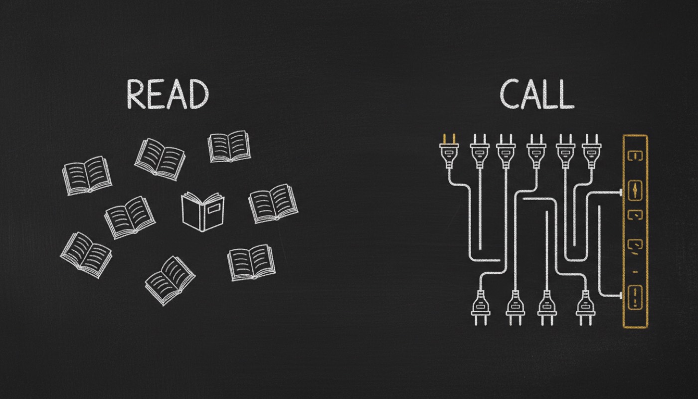 Chalkboard, two labelled groups. Under READ, a loose scatter of open books connected to nothing. Under CALL, a row of plugs each wired by cable to one shared gold socket rail.