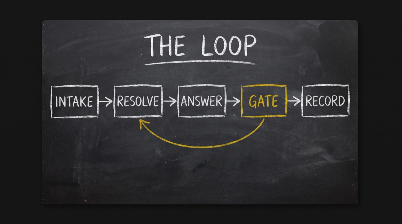 A chalkboard loop: INTAKE, RESOLVE, ANSWER, GATE, RECORD. GATE is drawn in gold with a gold arrow curving back to RESOLVE.