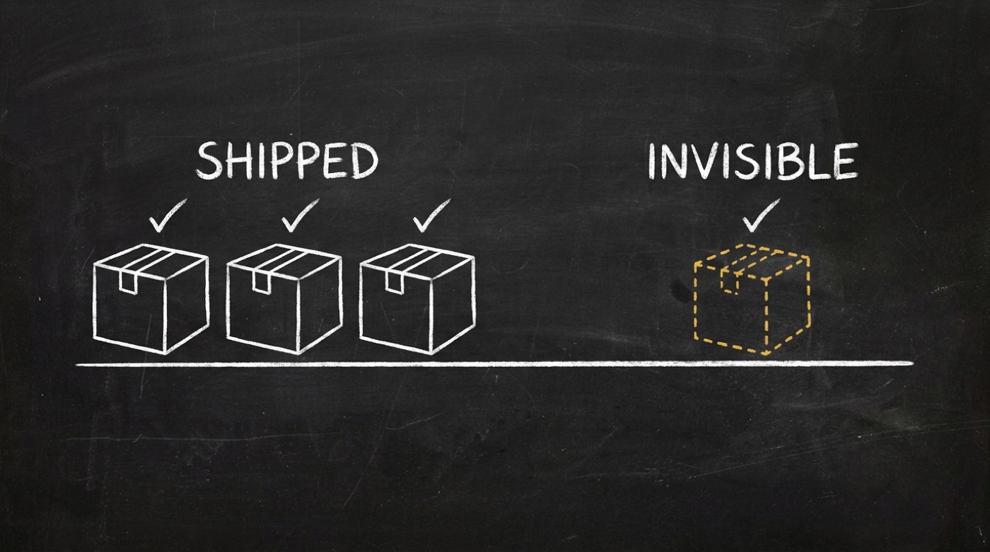 Chalkboard sketch: three solid white package boxes on a shelf under the word SHIPPED, each with a tick above it. Apart from them, one box drawn as a broken gold dotted outline under the word INVISIBLE, carrying the same tick.
